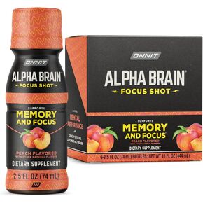 ONNIT Alpha Brain Focus Shot، نكهة استوائية، مشروب مكمل غذائي منشط الذهن يدعم الطاقة والتركيز والمزاج، تم اختبار IGEN ™ غير معدل وراثيًا، 2.5 أونصة سائلة، 6 قطع in Kuwait