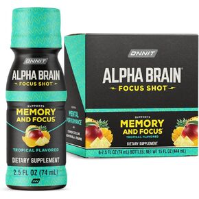 ONNIT Alpha Brain Focus Shot، نكهة استوائية، مشروب مكمل غذائي منشط الذهن يدعم الطاقة والتركيز والمزاج، تم اختبار IGEN ™ غير معدل وراثيًا، 2.5 أونصة سائلة، 6 قطع in Kuwait