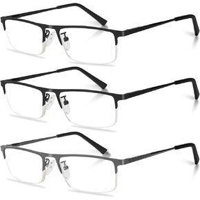 نظارات قراءة مكونة من 3 قطع للرجال، نصف إطار معدني خفيف الوزن يحجب الضوء الأزرق لقارئات الكمبيوتر، فلتر أنيق للأشعة فوق البنفسجية/وهج الكمبيوتر مع نظارات بمفصلات زنبركية (3 قطع باللون الأسود،+1.0) in Kuwait