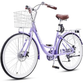 VIRIBUS Womens Bike with Lightweight Aluminum Alloy Frame, 7 Speed Beach Cruiser Bike for Women with Front Basket & Rack, Step-Through Bicycle for Women with Disc Brakes, 24 26 in. 330 lb. in Kuwait