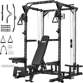 قفص الطاقة JEEKEE مع نظام كروس الكابل، رف طاقة متعدد الوظائف سعة 2000 رطل مع بكرات مزدوجة مستقلة، وسادة مقعد قابلة للسحب للأسفل، 20+ مرفقات رف القرفصاء للتمرين المنزلي في صالة الألعاب الرياضية in Kuwait