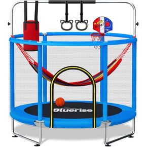 BLUERISE 60 "ترامبولين للأطفال 5FT طفل صغير الترامبولين داخلي / خارجي مع قضيب جمباز قابل للتعديل وشبكة أمان، تصميم بدون فجوة، قاعدة مضادة للانقلاب، طوق كرة السلة، هدايا للأولاد والبنات in Kuwait