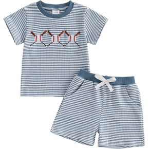 Baseball Toddler Baby Boy Girl Clothes Baseball Bat Embroidery Short Sleeve T Shirt Plaid Shorts Set Infant Clothes in Kuwait
