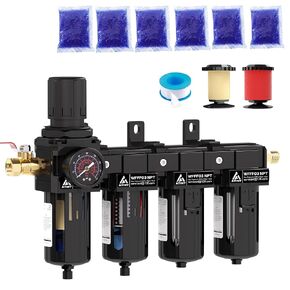 3/8'' NPT 4 Stage Air Drying System,5μ Brass Filter&0.01μ Coalescing Filter,Double Desiccant Dryers & Air Regulator,Metal Bowl,Semi-Auto Drain,for Paint Spray＆ Plasma Cutter(Black) in Kuwait