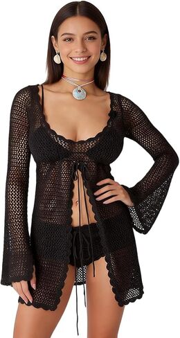 Women's Bikini Cover Up Dress Scoop Neck Flare Sleeve Split Tie Front Crochet Knit Coverup in Kuwait