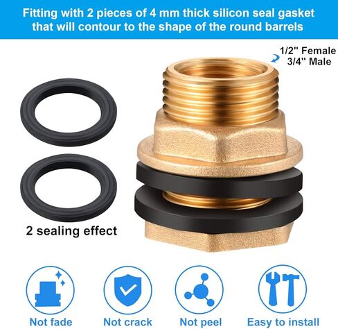 3 Pieces 1/2 Inch Female 3/4 Inch Male G-Thread Solid Brass Threaded Bulkhead Garden Water Tank Connector Fitting with 2 Black Rubber Ring Stabilizing Hose Adapter for Rain Barrels Aquariums in Saudi Arabia
