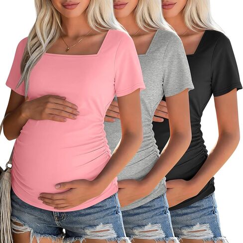 3 Pack Women's Maternity Shirts Square Neck Side Ruched Short Sleeve Maternity Tops Casual Knitted Pregnancy Tees in Kuwait