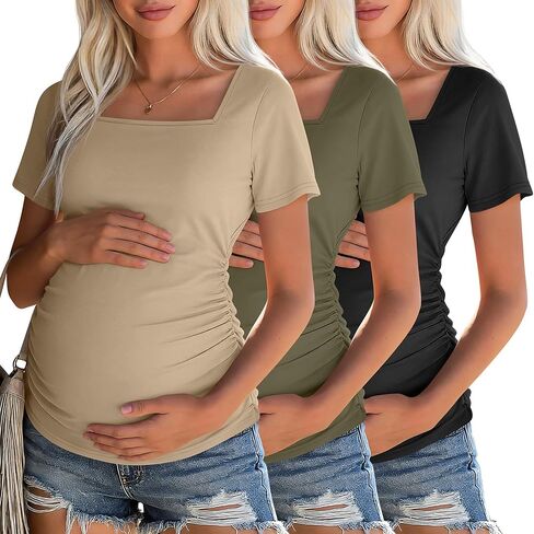 3 Pack Womens Maternity Short Sleeve Shirts | Square Neck, Side Ruched, Knitted, Pregnancy Tees, Summer, Casual, Stretchy, Soft, Comfortable, Workout, Yoga, Lounge in Saudi Arabia