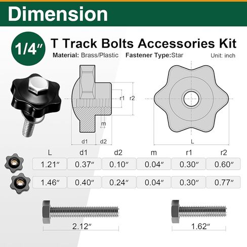 20 حزمة من مسامير المسار مقاس 1/4 بوصة - 20 T ومقابض النجوم، تتضمن مسامير سداسية مقاس 1-1/2 بوصة و2 بوصة مع غسالات لأدوات النجارة على شكل حرف T in Kuwait