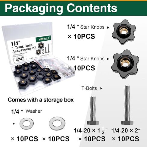 20 حزمة من مسامير المسار مقاس 1/4 بوصة - 20 T ومقابض النجوم، تتضمن مسامير سداسية مقاس 1-1/2 بوصة و2 بوصة مع غسالات لأدوات النجارة على شكل حرف T in Kuwait