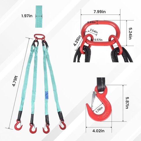 5Ft 6T Chain Sling for Lifting, 13220lbs 4 Legs with Grab Hooks & Adjusters, Polyester Rigging Straps for Engine Hoist & Security Towing in Kuwait