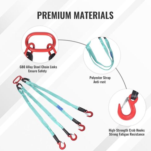 5Ft 6T Chain Sling for Lifting, 13220lbs 4 Legs with Grab Hooks & Adjusters, Polyester Rigging Straps for Engine Hoist & Security Towing in Kuwait