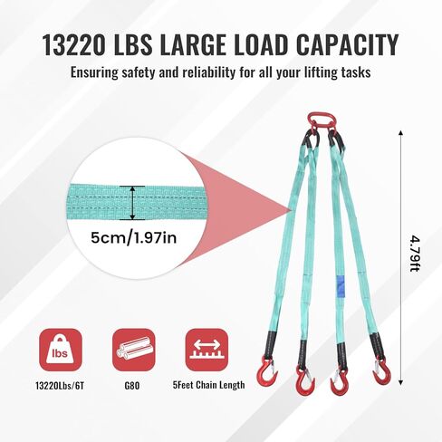 5Ft 6T Chain Sling for Lifting, 13220lbs 4 Legs with Grab Hooks & Adjusters, Polyester Rigging Straps for Engine Hoist & Security Towing in Kuwait