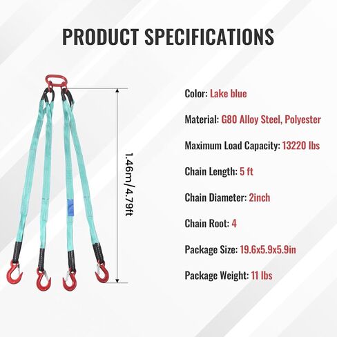 5Ft 6T Chain Sling for Lifting, 13220lbs 4 Legs with Grab Hooks & Adjusters, Polyester Rigging Straps for Engine Hoist & Security Towing in Kuwait