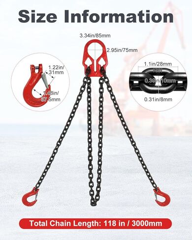 5/16 بوصة × 10 قدم سلاسل رفع مع خطافات ضبط، حبال سلسلة لسلسلة ساق مزدوجة أقصى حمولة 7000 رطل، خطاف سلسلة انتزاع صناعي عالي التحمل للرافعات، سحب الشاحنات in Kuwait