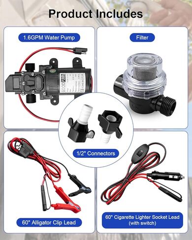 مجموعة مضخة مياه DC12V، مضخة ضغط مياه للتخييم 1.6 جالون في الدقيقة مع مفتاح ضغط، مضخة غشاء ذاتية التحضير 65 رطل لكل بوصة مربعة لنظام المياه الساخنة لقارب التخييم البحري RV المطبخ والحمام الغاز in Kuwait