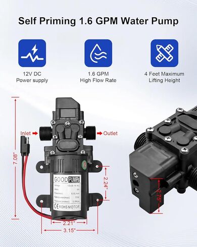 مجموعة مضخة مياه DC12V، مضخة ضغط مياه للتخييم 1.6 جالون في الدقيقة مع مفتاح ضغط، مضخة غشاء ذاتية التحضير 65 رطل لكل بوصة مربعة لنظام المياه الساخنة لقارب التخييم البحري RV المطبخ والحمام الغاز in Kuwait