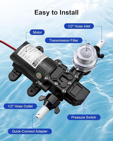مجموعة مضخة مياه DC12V، مضخة ضغط مياه للتخييم 1.6 جالون في الدقيقة مع مفتاح ضغط، مضخة غشاء ذاتية التحضير 65 رطل لكل بوصة مربعة لنظام المياه الساخنة لقارب التخييم البحري RV المطبخ والحمام الغاز in Kuwait