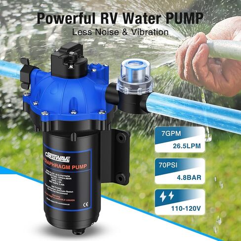 CrestWave 110V AC Washdown Pump Kit, 7GPM 70PSI Wash Down Pump for boat with Spray Nozzle, 5-Chamber Self-Priming Diaphragm Water Pressure Pump with Pressure Switch for Boat, RV, Marine, Yacht in Kuwait
