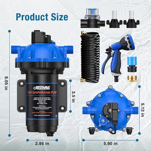 CrestWave 110V AC Washdown Pump Kit, 7GPM 70PSI Wash Down Pump for boat with Spray Nozzle, 5-Chamber Self-Priming Diaphragm Water Pressure Pump with Pressure Switch for Boat, RV, Marine, Yacht in Kuwait