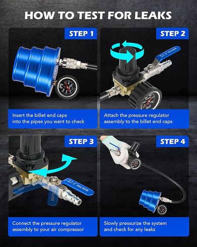 Orion Motor Tech Charge Air Cooler CAC Boost Leak Tester with 4" 3.5" 3" Billet End Caps, Aluminum CAC Pressure Tester with 150 psi Regulator Extension Line US & EU Air Fittings for Class 7 & 8 Trucks in Saudi Arabia