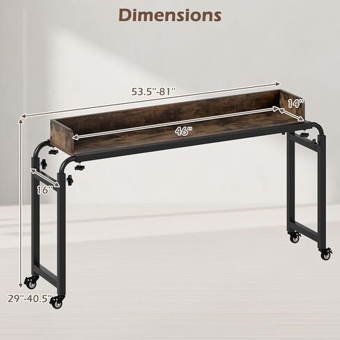 Tangkula Overbed Table with Wheels, Queen Size Mobile Bed Desk with Adjustable Height & Length, Rolling Computer Desk with Metal Frame, Laptop Cart for Bedroom, Living Room, Hospital (Rustic Brown) in Saudi Arabia