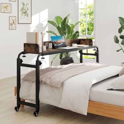 Tangkula Overbed Table with Wheels, Queen Size Mobile Bed Desk with Adjustable Height & Length, Rolling Computer Desk with Metal Frame, Laptop Cart for Bedroom, Living Room, Hospital (Rustic Brown) in Saudi Arabia