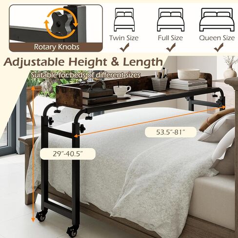 Tangkula Overbed Table with Wheels, Queen Size Mobile Bed Desk with Adjustable Height & Length, Rolling Computer Desk with Metal Frame, Laptop Cart for Bedroom, Living Room, Hospital (Rustic Brown) in Saudi Arabia