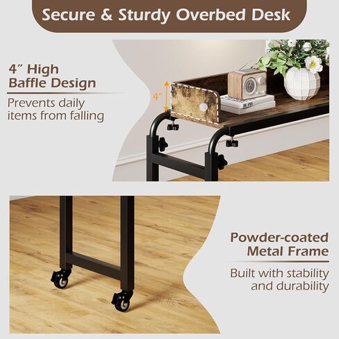 Tangkula Overbed Table with Wheels, Queen Size Mobile Bed Desk with Adjustable Height & Length, Rolling Computer Desk with Metal Frame, Laptop Cart for Bedroom, Living Room, Hospital (Rustic Brown) in Saudi Arabia