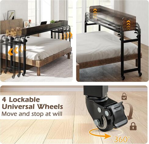 Tangkula Overbed Table with Wheels, Queen Size Mobile Bed Desk with Adjustable Height & Length, Rolling Computer Desk with Metal Frame, Laptop Cart for Bedroom, Living Room, Hospital (Rustic Brown) in Saudi Arabia