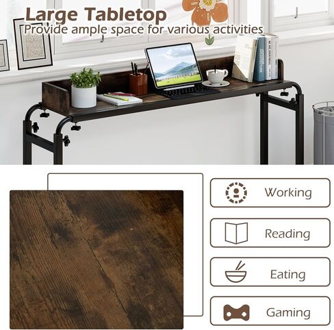 Tangkula Overbed Table with Wheels, Queen Size Mobile Bed Desk with Adjustable Height & Length, Rolling Computer Desk with Metal Frame, Laptop Cart for Bedroom, Living Room, Hospital (Rustic Brown) in Saudi Arabia