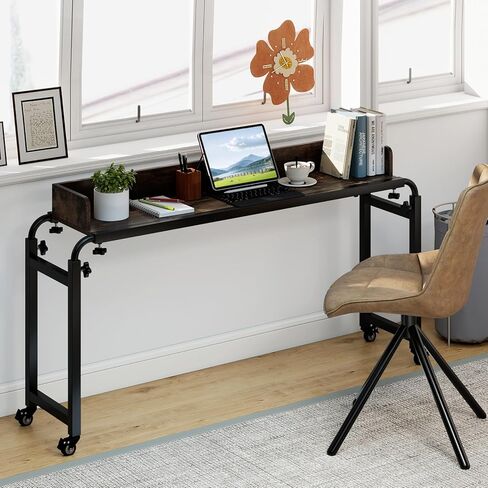 Tangkula Overbed Table with Wheels, Queen Size Mobile Bed Desk with Adjustable Height & Length, Rolling Computer Desk with Metal Frame, Laptop Cart for Bedroom, Living Room, Hospital (Rustic Brown) in Saudi Arabia