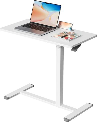 طاولة بجانب السرير طبية قابلة للتعديل، مكتب قائم متنقل هوائي مقاس 32 بوصة مع عجلات مخفية، عربة كمبيوتر محمول دوارة للمنزل والمستشفى، باللون الأبيض in Kuwait