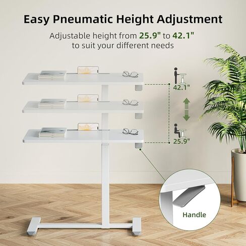 طاولة بجانب السرير طبية قابلة للتعديل، مكتب قائم متنقل هوائي مقاس 32 بوصة مع عجلات مخفية، عربة كمبيوتر محمول دوارة للمنزل والمستشفى، باللون الأبيض in Kuwait