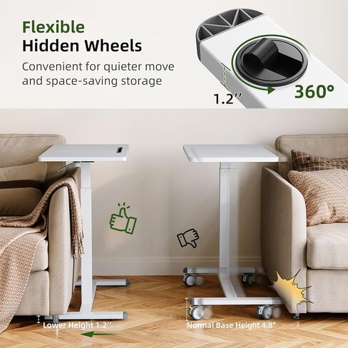طاولة بجانب السرير طبية قابلة للتعديل، مكتب قائم متنقل هوائي مقاس 32 بوصة مع عجلات مخفية، عربة كمبيوتر محمول دوارة للمنزل والمستشفى، باللون الأبيض in Kuwait