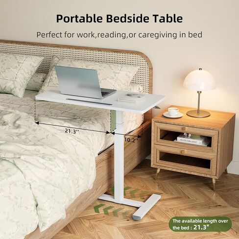 طاولة بجانب السرير طبية قابلة للتعديل، مكتب قائم متنقل هوائي مقاس 32 بوصة مع عجلات مخفية، عربة كمبيوتر محمول دوارة للمنزل والمستشفى، باللون الأبيض in Kuwait