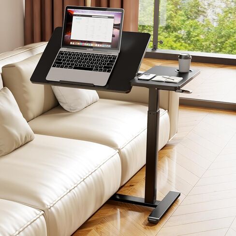 Overbed Table with Wheels, Pneumatic Height Adjustable Overbed Bedside Table, Tilting Desktop Mobile Standing Desk, Rolling Laptop Desk for Bed, Sofa, or Hospital Use (Brown) in Kuwait