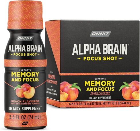 ONNIT Alpha Brain Focus Shot، نكهة استوائية، مشروب مكمل غذائي منشط الذهن يدعم الطاقة والتركيز والمزاج، تم اختبار IGEN ™ غير معدل وراثيًا، 2.5 أونصة سائلة، 6 قطع in Kuwait