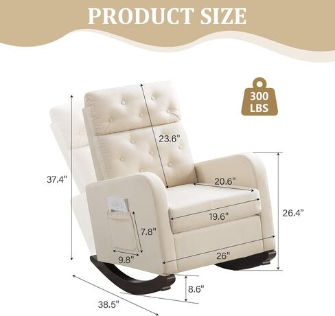 Nursery Rocking Chair with Solid Wood Legs, Upholstered Glider Rocker Chair for Nursery, High Back Rocking Sofa with Side Pocket, Velvet Rocker Comfy Armchair for Bedroom, Living Room, Pink in Saudi Arabia