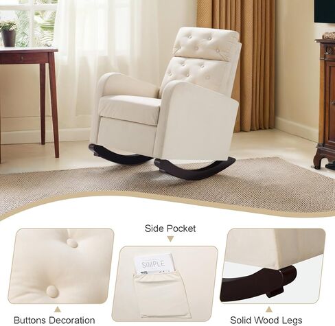Nursery Rocking Chair with Solid Wood Legs, Upholstered Glider Rocker Chair for Nursery, High Back Rocking Sofa with Side Pocket, Velvet Rocker Comfy Armchair for Bedroom, Living Room, Pink in Saudi Arabia