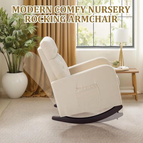 Nursery Rocking Chair with Solid Wood Legs, Upholstered Glider Rocker Chair for Nursery, High Back Rocking Sofa with Side Pocket, Velvet Rocker Comfy Armchair for Bedroom, Living Room, Pink in Saudi Arabia