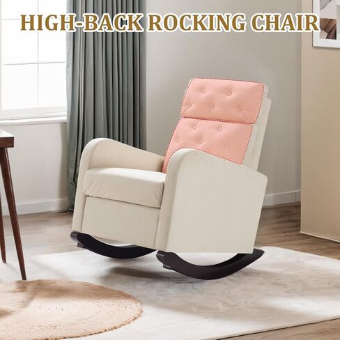 Nursery Rocking Chair with Solid Wood Legs, Upholstered Glider Rocker Chair for Nursery, High Back Rocking Sofa with Side Pocket, Velvet Rocker Comfy Armchair for Bedroom, Living Room, Pink in Saudi Arabia