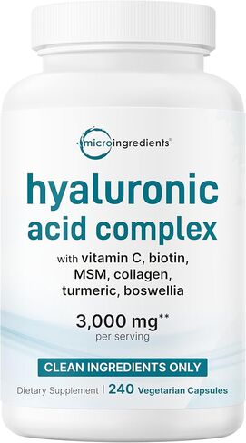 Micro Ingredients Hyaluronic Acid Complex, 240 Vegetarian Capsules | with Collagen, MSM, Vitamin C, Biotin, Turmeric & Boswellia | Non-GMO, Filler-Free, cGMP Manufactured & Lab Tested in Saudi Arabia