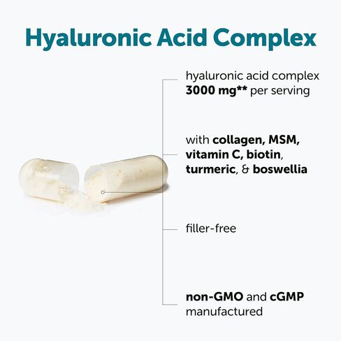 Micro Ingredients Hyaluronic Acid Complex, 240 Vegetarian Capsules | with Collagen, MSM, Vitamin C, Biotin, Turmeric & Boswellia | Non-GMO, Filler-Free, cGMP Manufactured & Lab Tested in Saudi Arabia