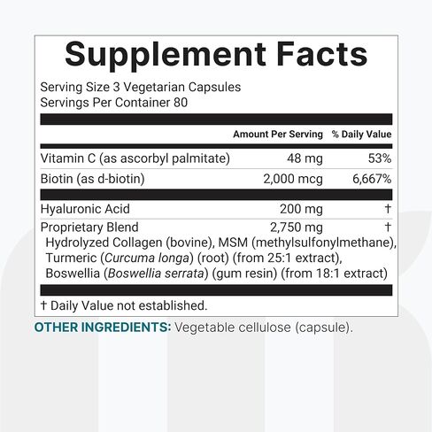 Micro Ingredients Hyaluronic Acid Complex, 240 Vegetarian Capsules | with Collagen, MSM, Vitamin C, Biotin, Turmeric & Boswellia | Non-GMO, Filler-Free, cGMP Manufactured & Lab Tested in Saudi Arabia