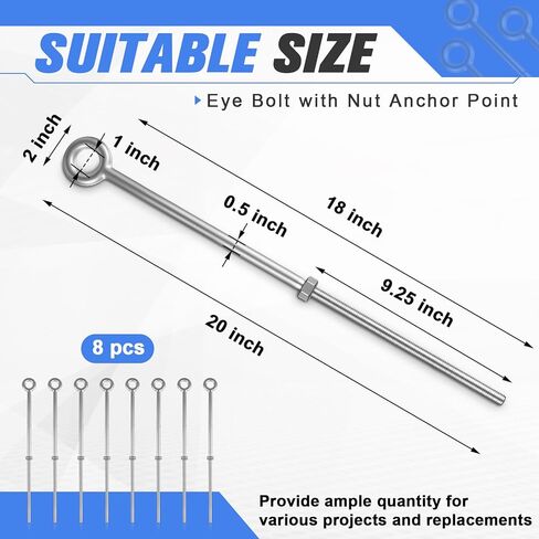 LEIFIDE 8 Pack 1/2" x 18" Eye Bolt with Nut, Hot Dipped Galvanized Heavy Duty Rigging Zinc Eye Bolt Anchor Point for Wood Chain, Wire Rope, Lifting, Construction and Outdoor Anchoring in Saudi Arabia