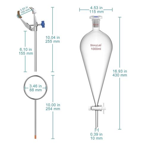 stonylab Borosilicate Glass Separatory Funnel with Lab Stand Set, 1000 ml Capacity, 24/40 Joint and PTFE Stopcock for Titration Extraction in Saudi Arabia