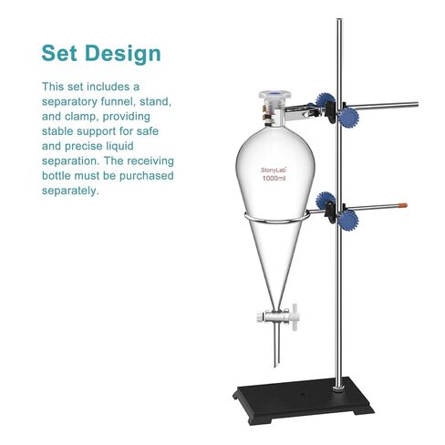 stonylab Borosilicate Glass Separatory Funnel with Lab Stand Set, 1000 ml Capacity, 24/40 Joint and PTFE Stopcock for Titration Extraction in Saudi Arabia