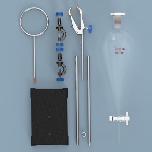 stonylab Borosilicate Glass Separatory Funnel with Lab Stand Set, 1000 ml Capacity, 24/40 Joint and PTFE Stopcock for Titration Extraction in Saudi Arabia