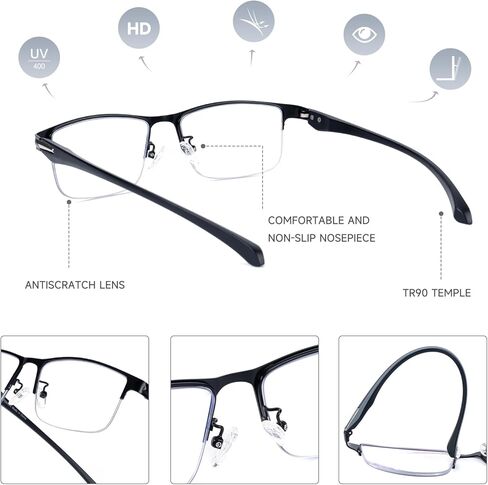 SKYOAK 2 Pack Premium Quality Progressive Multifocus Half Frame Reading Glasses for Men, No-Line Blue Light Blocking Computer Readers Multifocal Eyeglasses with TR90 Temples, Black and Gunmetal +2.5x in Saudi Arabia